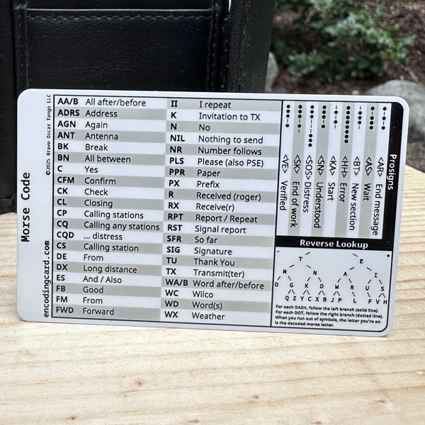 A plastic card entitled "Morse Code" in front of a wallet. It has a table of common CW abbreviations, a small table of prosigns, and a reverse lookup tree for Morse code letters.